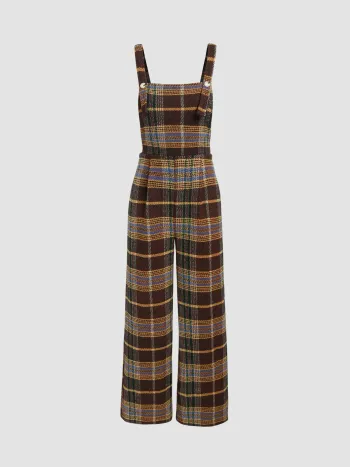 Tweed Plaid Button-Up Jumpsuit